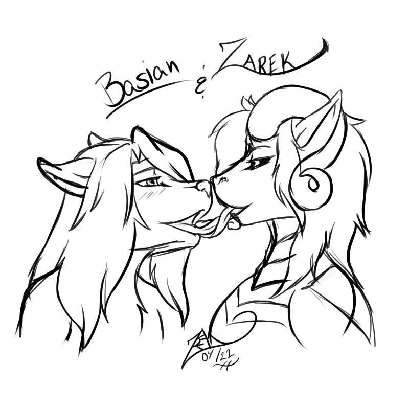 ambiguous_gender anthro basian bluhellwulf blush blush_lines canid canine dragon duo french_kissing horn kissing mammal sketch zarek