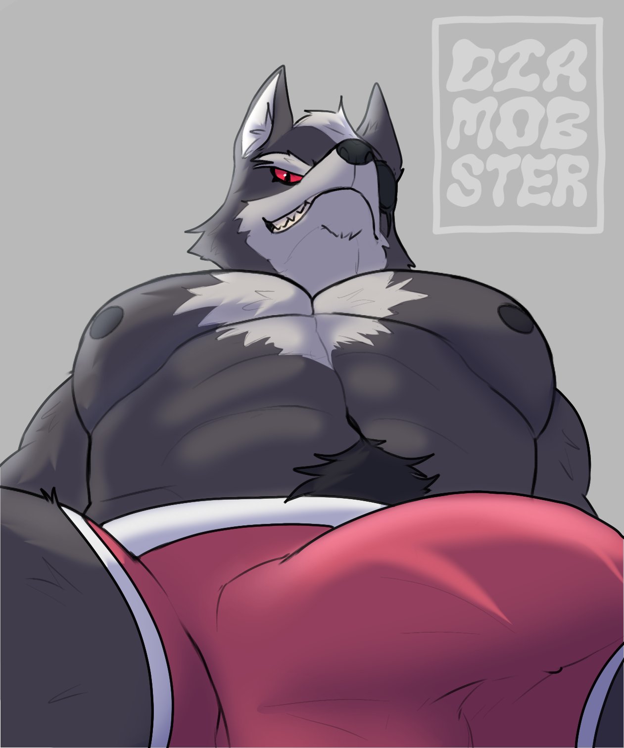 2022 abs anthro big_bulge big_muscles bulge canid canine canis clothing diamobster eye_patch eyebrows eyewear fur grey_background hi_res looking_at_viewer looking_down looking_down_at_viewer low-angle_view male mammal muscular muscular_anthro muscular_male navel nintendo nipples pecs pubes signature simple_background sitting smile smirk solo star_fox teeth tuft underwear video_games wolf wolf_o'donnell