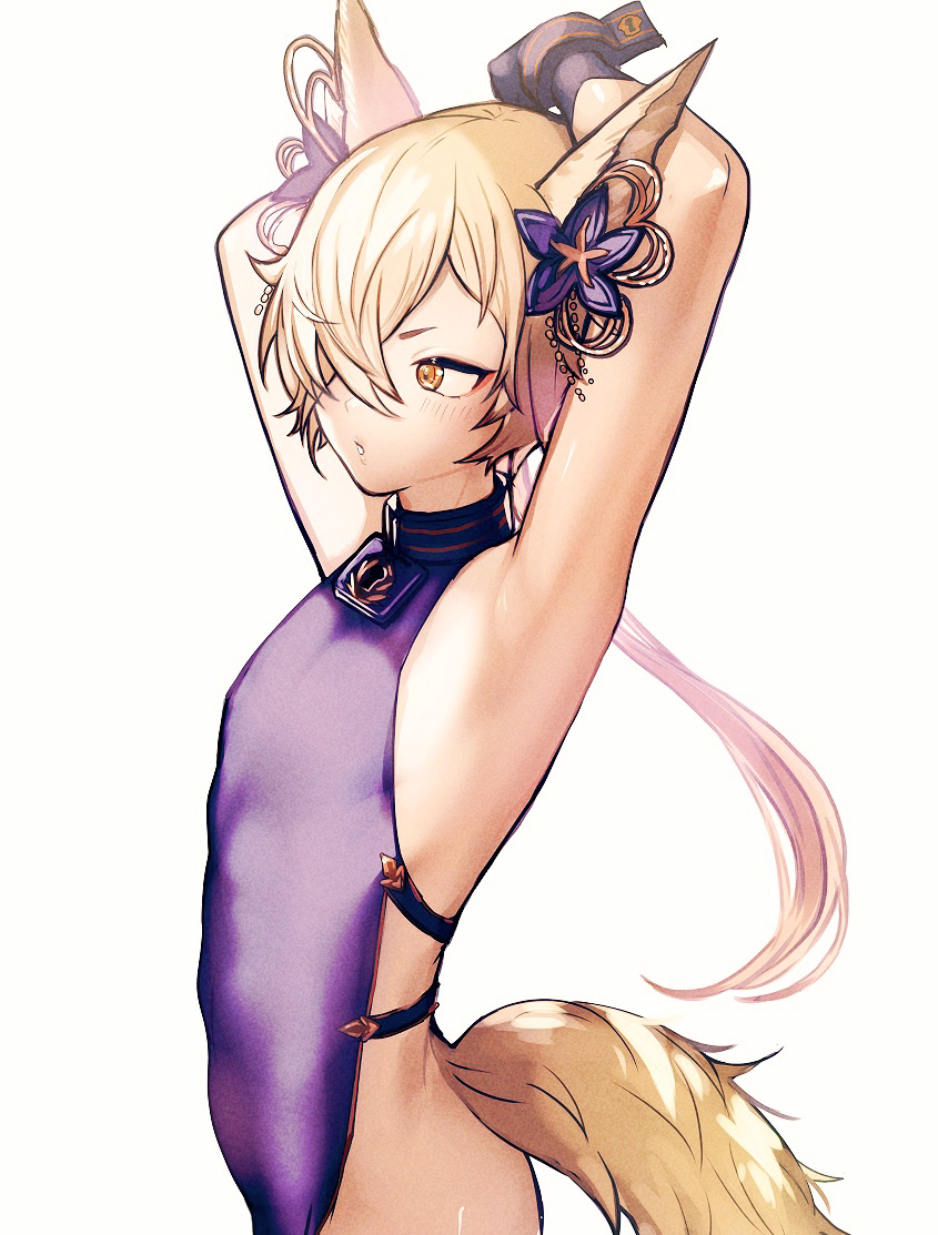 1boy animal_ears armpits arms_behind_head arms_up blonde_hair blush commentary_request dress fox_boy fox_ears fox_tail from_side granblue_fantasy hair_over_one_eye kou_(granblue_fantasy) looking_at_another male_focus otoko_no_ko shiny shiny_clothes shiny_hair shiny_skin sideless_outfit simple_background sleeveless sleeveless_dress solo tail white_background yellow_eyes yoruhachi