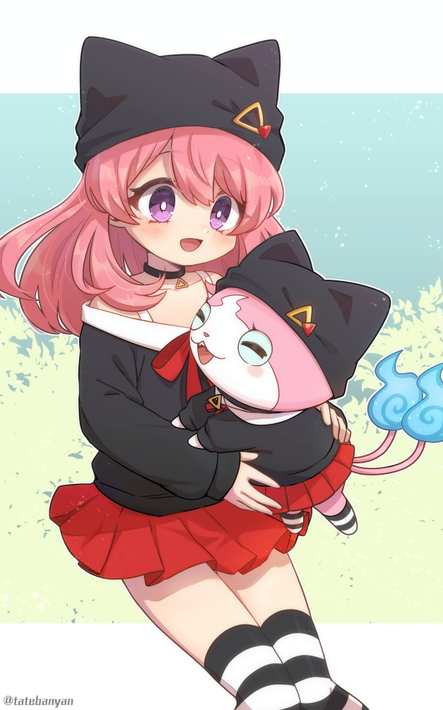 2girls :3 :d animal animal_hat bangs blush blush_stickers cat_hat choker closed_eyes clothed_animal cosplay eyebrows_visible_through_hair hat hat_ornament holding holding_animal long_hair long_sleeves looking_at_another miharu_(youkai_watch) miharu_(youkai_watch)_(cosplay) multiple_girls off-shoulder_shirt off_shoulder open_mouth pink_hair pleated_skirt purple_hair ribbon sailornyan shirt skirt smile tabana thighhighs youkai youkai_watch youkai_watch_jam:_youkai_gakuen_y