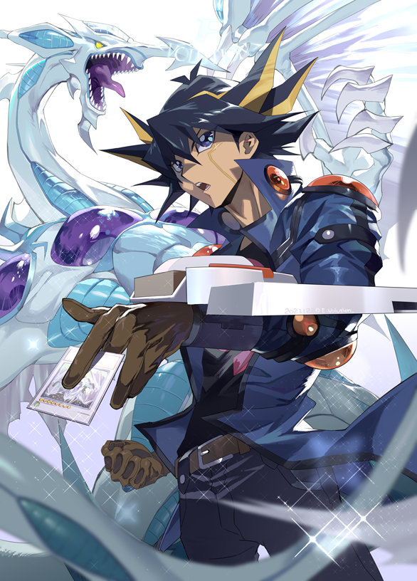 1boy bangs belt black_hair black_pants black_shirt blonde_hair blue_eyes blue_jacket brown_gloves card claws clenched_hand commentary cropped_legs dragon duel_disk duel_monster e_volution fudou_yuusei gloves high_collar holding holding_card jacket male_focus multicolored_hair open_clothes open_jacket open_mouth pants roaring shirt simple_background stardust_dragon teeth upper_body white_background wings yellow_eyes yu-gi-oh! yu-gi-oh!_5d's