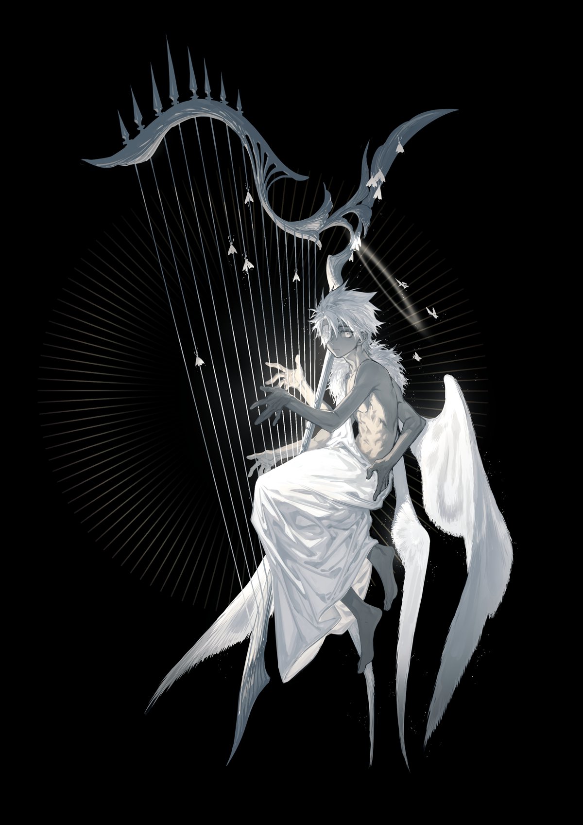 1boy angel angel_wings arsh_(thestarwish) barefoot black_background bug butterfly colored_sclera colored_skin extra_arms eyepatch feathered_wings floating full_body fur_trim grey_sclera grey_skin halo harp highres instrument looking_at_viewer male_focus multiple_wings music one_eye_covered original playing_instrument short_hair solo toga white_butterfly white_eyes white_hair wings