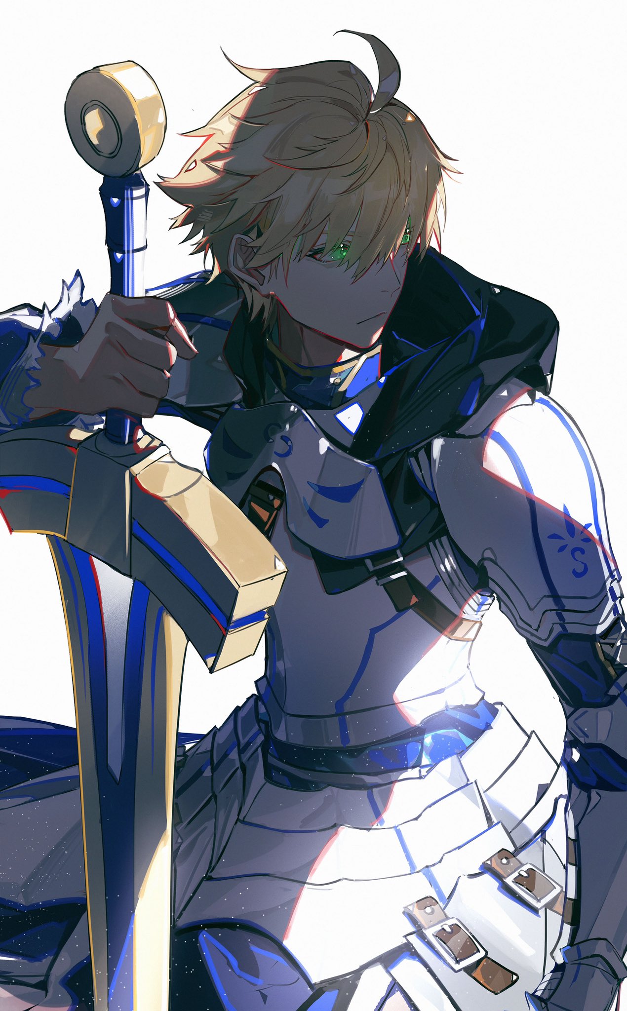 1boy :| ahoge armor arthur_pendragon_(fate) blonde_hair breastplate closed_mouth commentary_request excalibur_(fate/prototype) expressionless fate/grand_order fate/prototype fate/prototype:_fragments_of_blue_and_silver fate_(series) faulds gauntlets greaves green_eyes highres holding holding_sword holding_weapon hood kk7_000 light_particles looking_away male_focus pauldrons shadow short_hair shoulder_armor simple_background solo sword upper_body weapon white_background