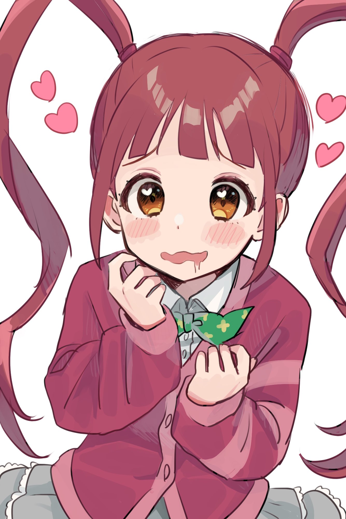 1girl bangs blunt_bangs blush blush_stickers cardigan drooling heart heart-shaped_pupils highres idolmaster idolmaster_million_live! mochida_arisa mouth_drool red_cardigan red_hair saito_katuo school_uniform simple_background solo symbol-shaped_pupils twintails upper_body wavy_mouth white_background yellow_eyes