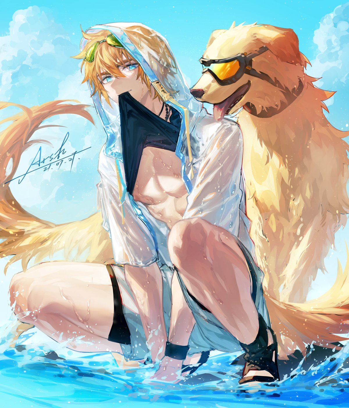 1boy animal animal_ears arknights arsh_(thestarwish) bare_pectorals between_legs black_shirt black_shorts blonde_hair blue_eyes clothes_lift dog dog_boy dog_ears dog_tail full_body goggles goggles_on_head golden_retriever grey_shorts hand_between_legs highres hood hood_up hooded_jacket jacket lifted_by_self looking_at_viewer male_focus open_clothes open_jacket pectorals sandals see-through shirt shirt_lift short_hair short_sleeves shorts signature sky solo squatting tail tequila_(arknights) toned toned_male water wet wet_clothes wristband