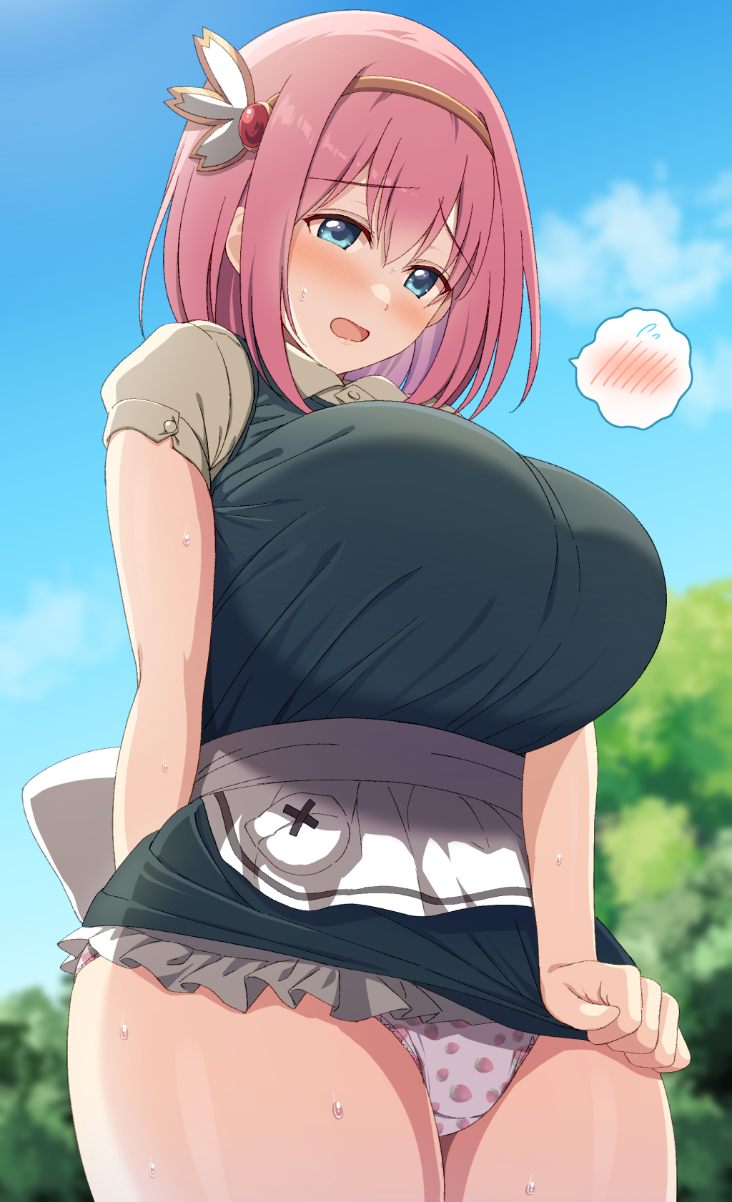 blue_eyes blurry blurry_background blush breasts cleavage cloud ear_focus embarrassed food_print forest frilled_skirt frills hair_ornament headdress highres huge_breasts large_breasts leaf looking_down miniskirt nature open_mouth panties pantyshot pink_hair princess_connect! print_panties ribbon shiny shiny_skin short_hair short_sleeves skirt sky strawberry_panties strawberry_print sweat sweatdrop thighs tree undersized_clothes underwear yue_(show-ei) yui_(princess_connect!)