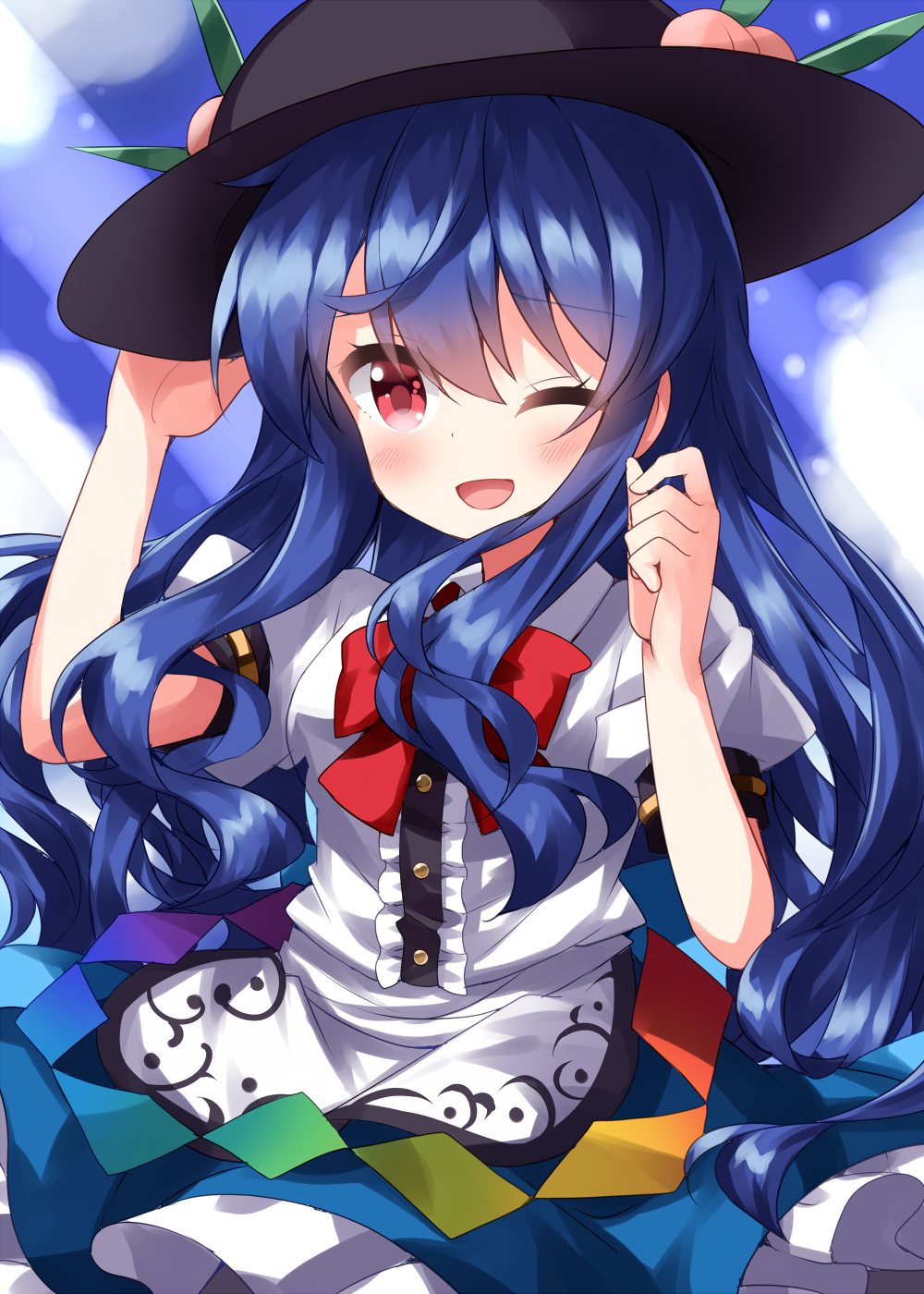 1girl ;d bangs black_headwear blue_hair blue_skirt blush bow bowtie center_frills eyebrows_visible_through_hair food frills fruit hair_between_eyes hat highres hinanawi_tenshi leaf long_hair looking_at_viewer one_eye_closed open_mouth peach puffy_short_sleeves puffy_sleeves rainbow_order red_bow red_eyes ruu_(tksymkw) shirt short_sleeves skirt smile solo touhou very_long_hair white_shirt