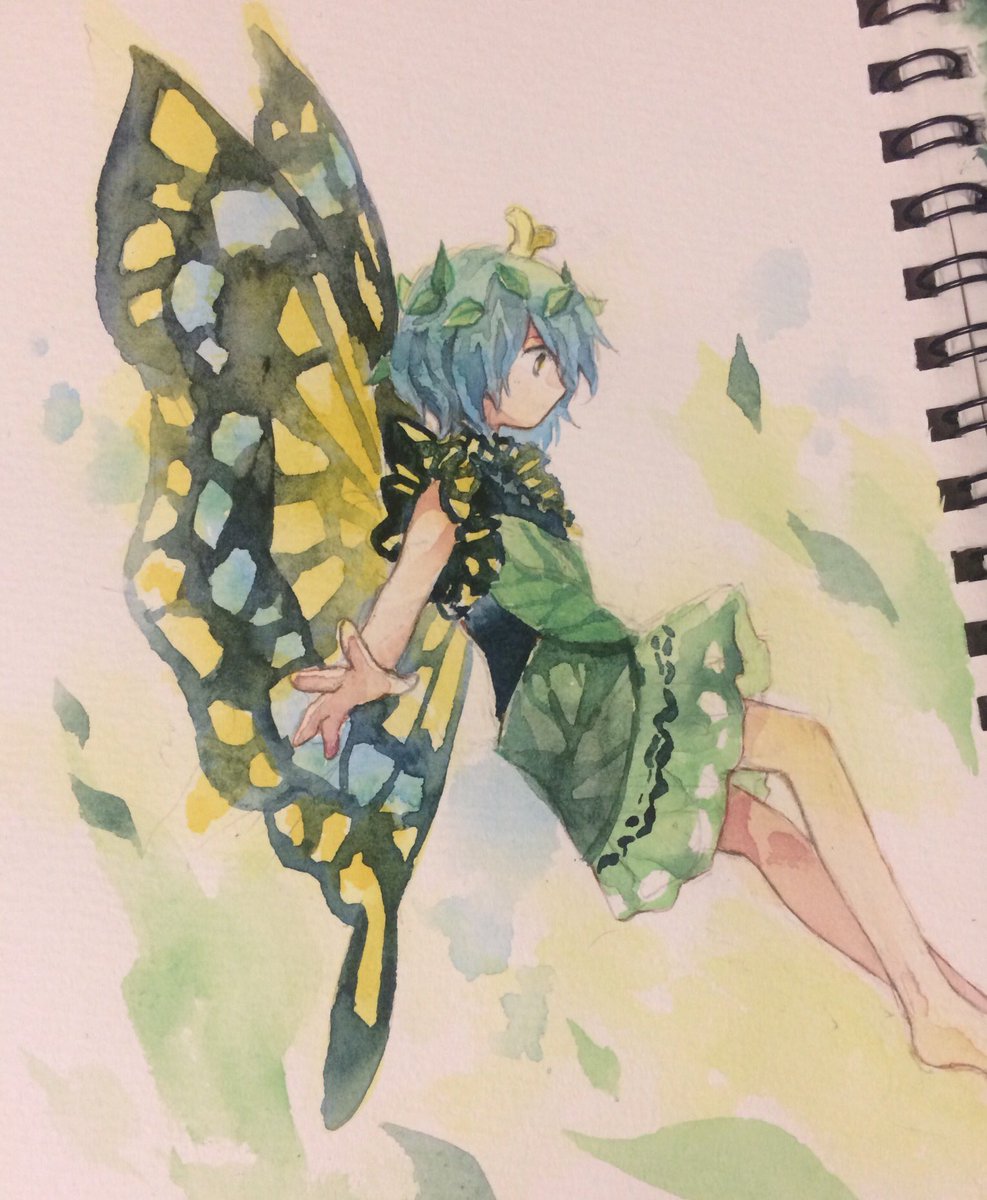 1girl antennae aqua_hair barefoot brown_eyes butterfly_wings dress eternity_larva fairy full_body green_dress highres kaigen_1025 leaf leaf_on_head multicolored_clothes multicolored_dress photo_(medium) short_hair short_sleeves solo touhou traditional_media wings