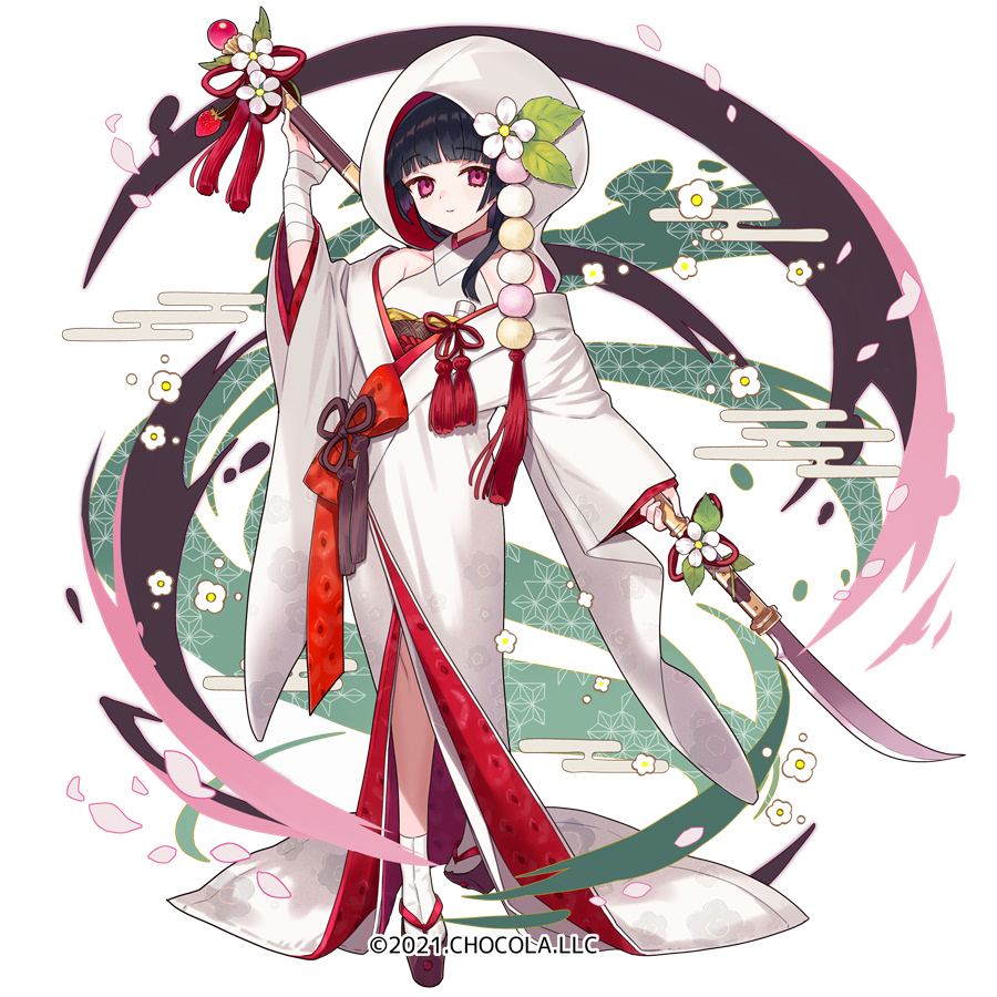 1girl bangs bare_shoulders black_hair brown_footwear character_request closed_mouth commentary_request egasumi eyebrows_visible_through_hair flower full_body glaive holding holding_weapon hood hood_up japanese_clothes kimono long_sleeves looking_at_viewer miyoshino off_shoulder official_art petals platform_footwear purple_eyes sleeves_past_wrists smile socks solo standing sugar_conflict tabi uchikake weapon white_background white_flower white_kimono white_legwear wide_sleeves zouri