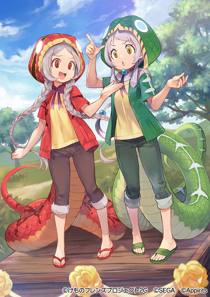 2girls amazon_tree_boa_(kemono_friends) bow bowtie braid brown_pants capri_pants commentary_request emerald_tree_boa_(kemono_friends) fur_trim green_footwear green_jacket green_panties grey_hair hood hood_up jacket kemono_friends kemono_friends_3 long_hair multiple_girls official_art open_clothes open_jacket panties pants pants_rolled_up purple_bow purple_bowtie red_eyes red_footwear red_jacket sandals scales shirt short_sleeves snake_tail stage tail twin_braids underwear white_fur yellow_eyes yellow_shirt yuko_(uc_yuk)