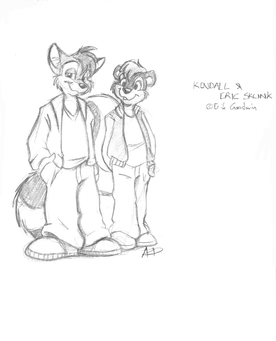 anthro cirruskitfox clothed clothing copyright duo ericskunk fully_clothed half-closed_eyes jacket kendall_(sirkain) male mammal mephitid monochrome name narrowed_eyes shirt simple_background sketch skunk smile t-shirt topwear white_background