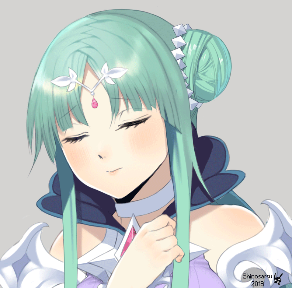 1girl animated animated_gif blush clenched_hands close-up closed_mouth eyes_closed grand_chase green_eyes green_hair headdress open_mouth shinosatsu tagme