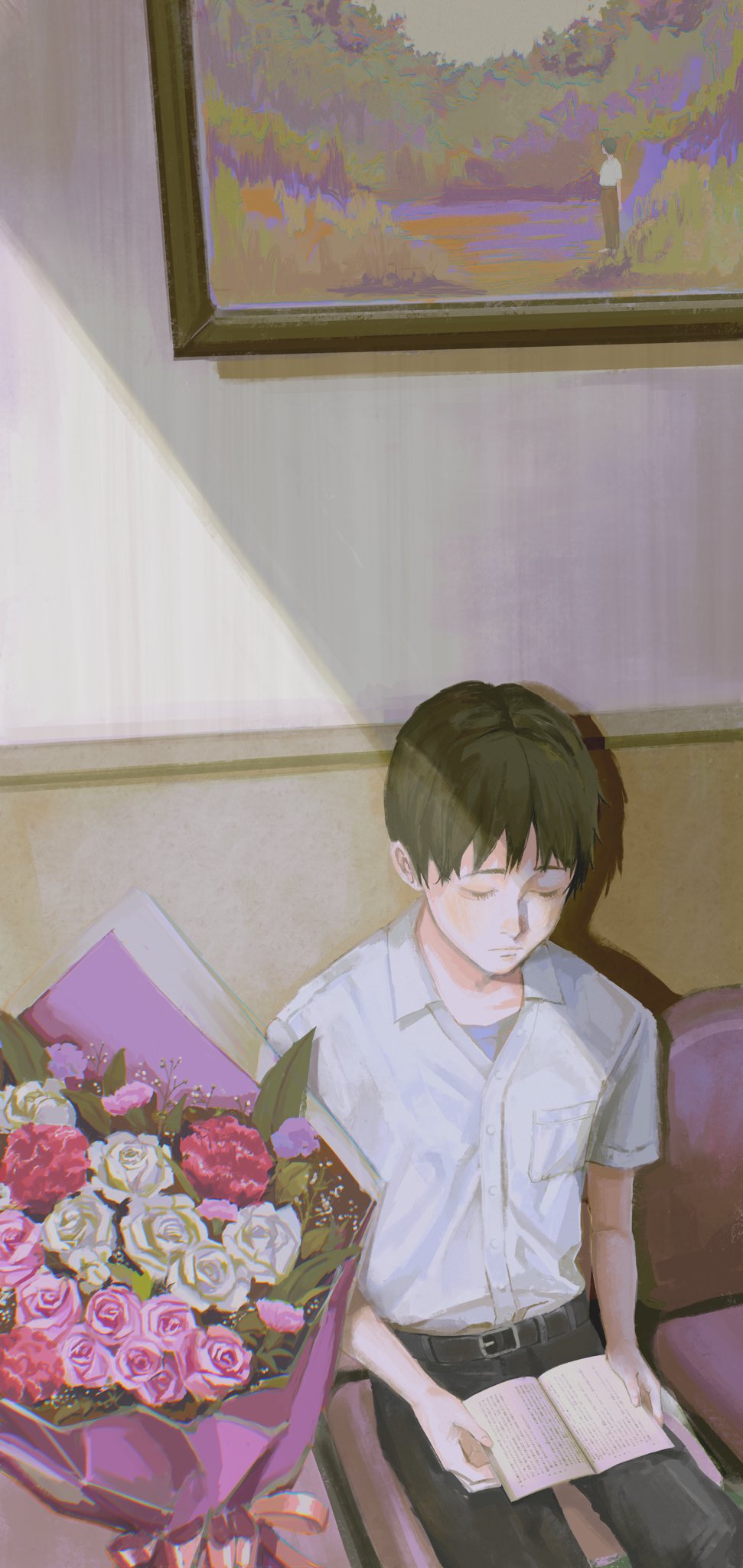 1boy bangs belt black_pants book bouquet breast_pocket brown_hair closed_eyes closed_mouth collared_shirt commentary couch cowboy_shot flower highres holding holding_book ikari_shinji indoors male_focus neon_genesis_evangelion on_couch open_book painting_(object) pants pink_flower pink_ribbon pink_rose pocket ribbon rose school_uniform shirt short_sleeves sitting slacks solo tokyo-3_middle_school_uniform white_flower white_rose white_shirt wod