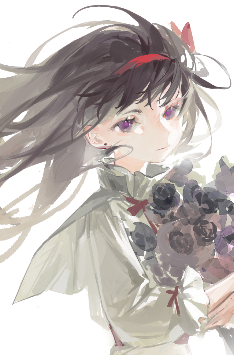 1girl akemi_homura baifeidaiwang bangs black_hair bouquet chinese_commentary commentary_request ear_piercing expressionless floating_hair hairband holding holding_bouquet long_hair long_sleeves looking_at_viewer mahou_shoujo_madoka_magica piercing purple_eyes red_hairband shirt simple_background sketch solo upper_body white_background white_shirt
