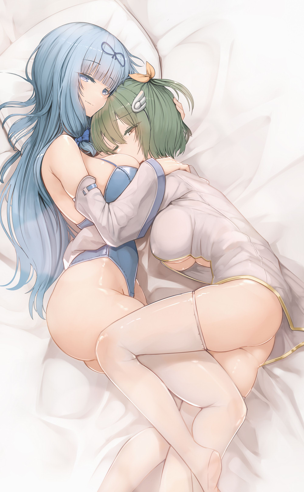 ass bangs bare_shoulders bed_sheet blue_bow blue_eyes blue_hair blue_leotard blunt_bangs bow breasts brown_eyes closed_mouth detached_sleeves eyebrows_visible_through_hair feet_out_of_frame genek green_hair grey_shirt hair_bow hair_ribbon highres hug large_breasts leotard long_sleeves lying naked_shirt no_bra no_panties on_bed on_side one_eye_closed one_side_up open_clothes open_shirt pillow rabi-ribi ribbon rita_(rabi-ribi) saya_(rabi_ribi) shirt short_hair skindentation smile thighhighs underboob white_legwear wing_hair_ornament yellow_ribbon