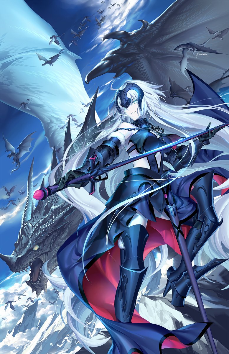 1girl armor armored_boots armored_dress bangs bare_shoulders black_gloves boots breasts dragon elbow_gloves fate/grand_order fate_(series) gloves headpiece high_heels highres jeanne_d'arc_alter_(fate) kousaki_rui large_breasts long_hair outdoors parted_lips sky smile sword thighhighs weapon white_hair