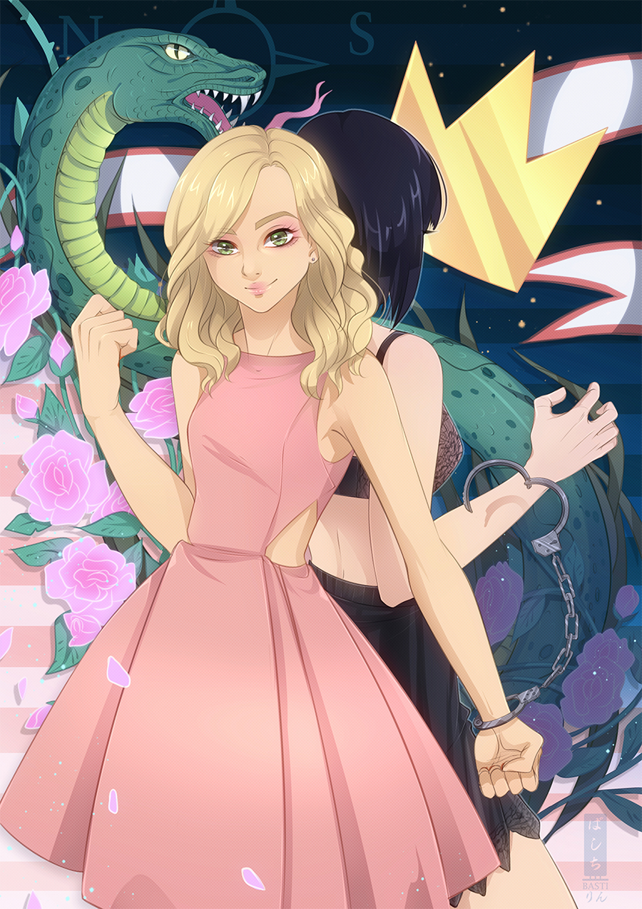 2girls archie basti_rin betty_cooper black_hair blonde_hair clenched_hand compass_rose crown cuffs dragon dress earrings english_commentary flower green_eyes handcuffs highres jewelry lipstick long_hair makeup midriff multiple_girls pink_dress pink_flower riverdale short_hair standing stud_earrings watermark