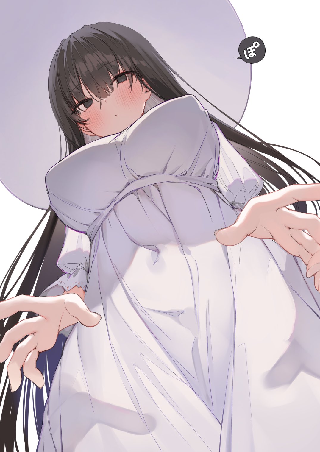 1girl 2ch bangs black_eyes black_hair breasts commentary_request dress from_below hasshaku-sama hat highres large_breasts long_hair long_sleeves looking_at_viewer looking_down shin_no_tenpii solo sun_hat sundress tall_female translation_request urban_legend white_dress white_headwear