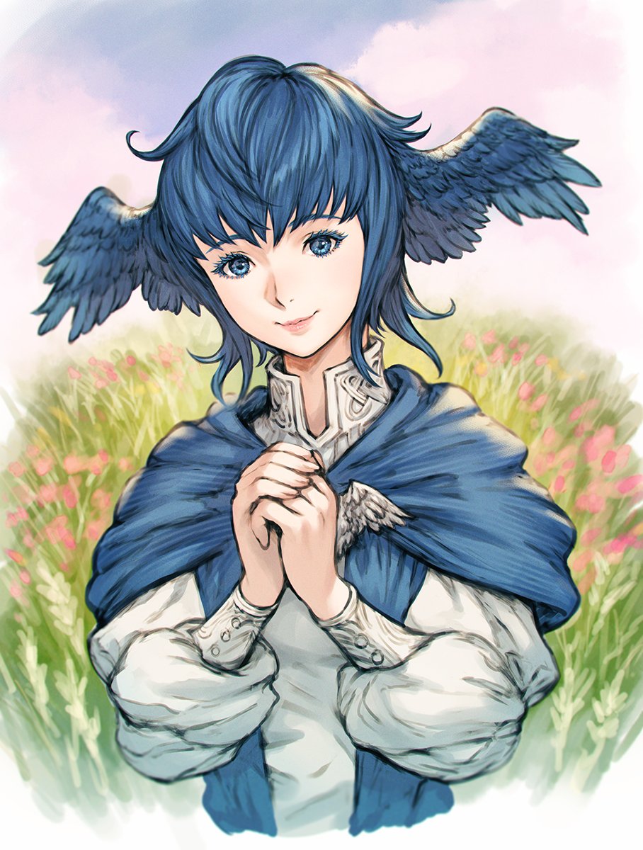 1girl bird_wings blue_capelet blue_eyes blue_hair brooch capelet cloud colored_eyelashes cropped_torso feathered_wings final_fantasy final_fantasy_xiv flower grass hands_up head_wings high_collar highres jewelry long_sleeves looking_at_viewer makimura_shunsuke meadow meteion outdoors own_hands_clasped own_hands_together puffy_long_sleeves puffy_sleeves short_hair sky smile solo upper_body wings