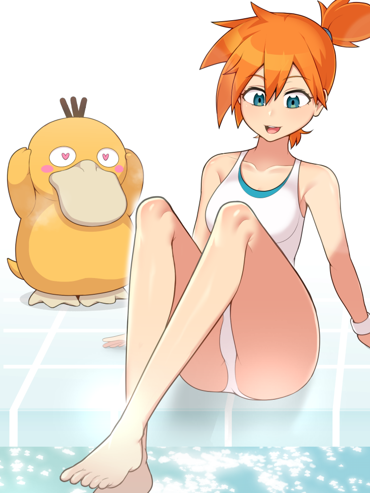 &lt;3 &lt;3_eyes ambiguous_gender blush breasts clothed clothing duo everyday2 female gym_leader hair human mammal misty_(pok&eacute;mon) nintendo orange_hair pok&eacute;mon pok&eacute;mon_(species) psyduck swimwear video_games water