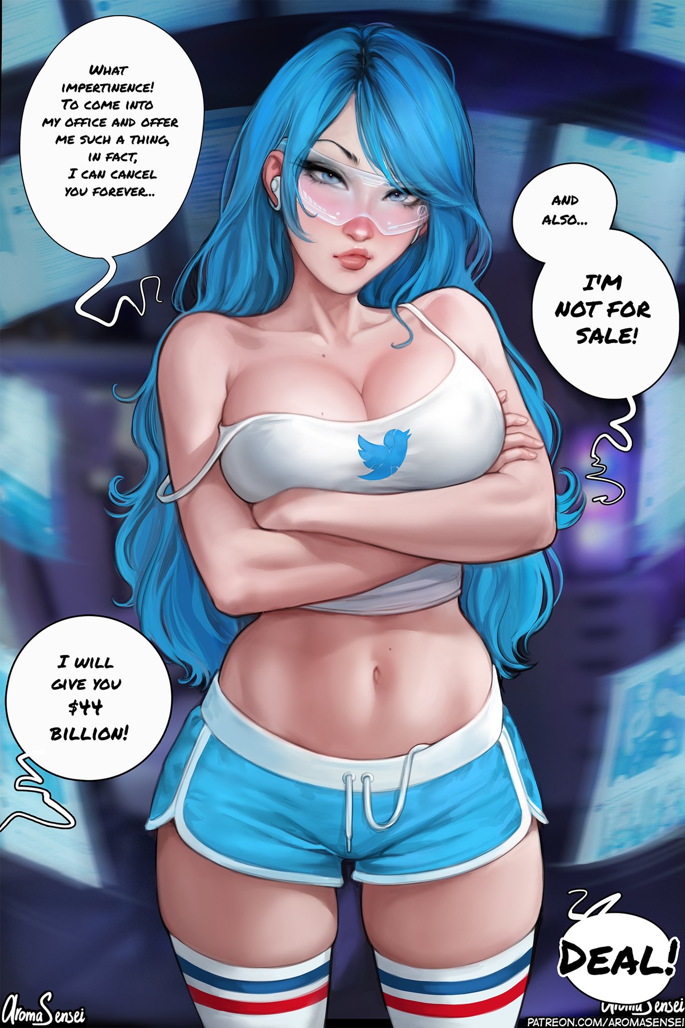 1girl aroma_sensei blue_eyes blue_hair blush breasts cleavage crop_top crossed_arms glasses highres large_breasts lips looking_at_viewer navel short_shorts shorts solo spaghetti_strap speech_bubble tank_top thick_thighs thighhighs thighs twitter twitter-san_(character) watermark web_address