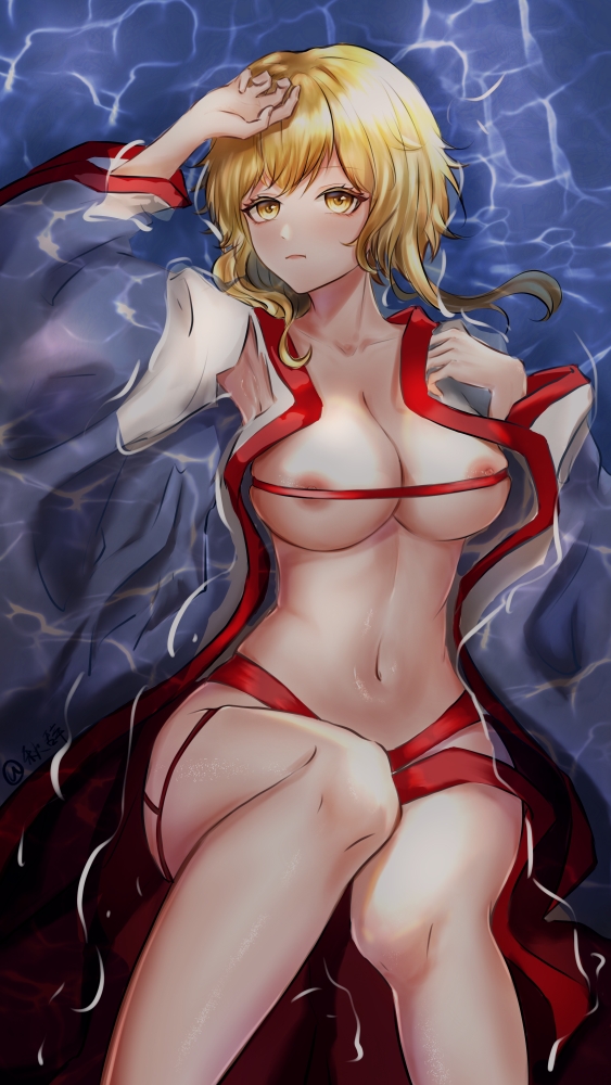 1girl bangs blonde_hair blush breasts closed_mouth covered_nipples genshin_impact hand_on_forehead japanese_clothes kimono large_breasts lumine_(genshin_impact) navel open_clothes open_kimono partially_submerged qiuci sidelocks solo water white_kimono wide_sleeves yellow_eyes