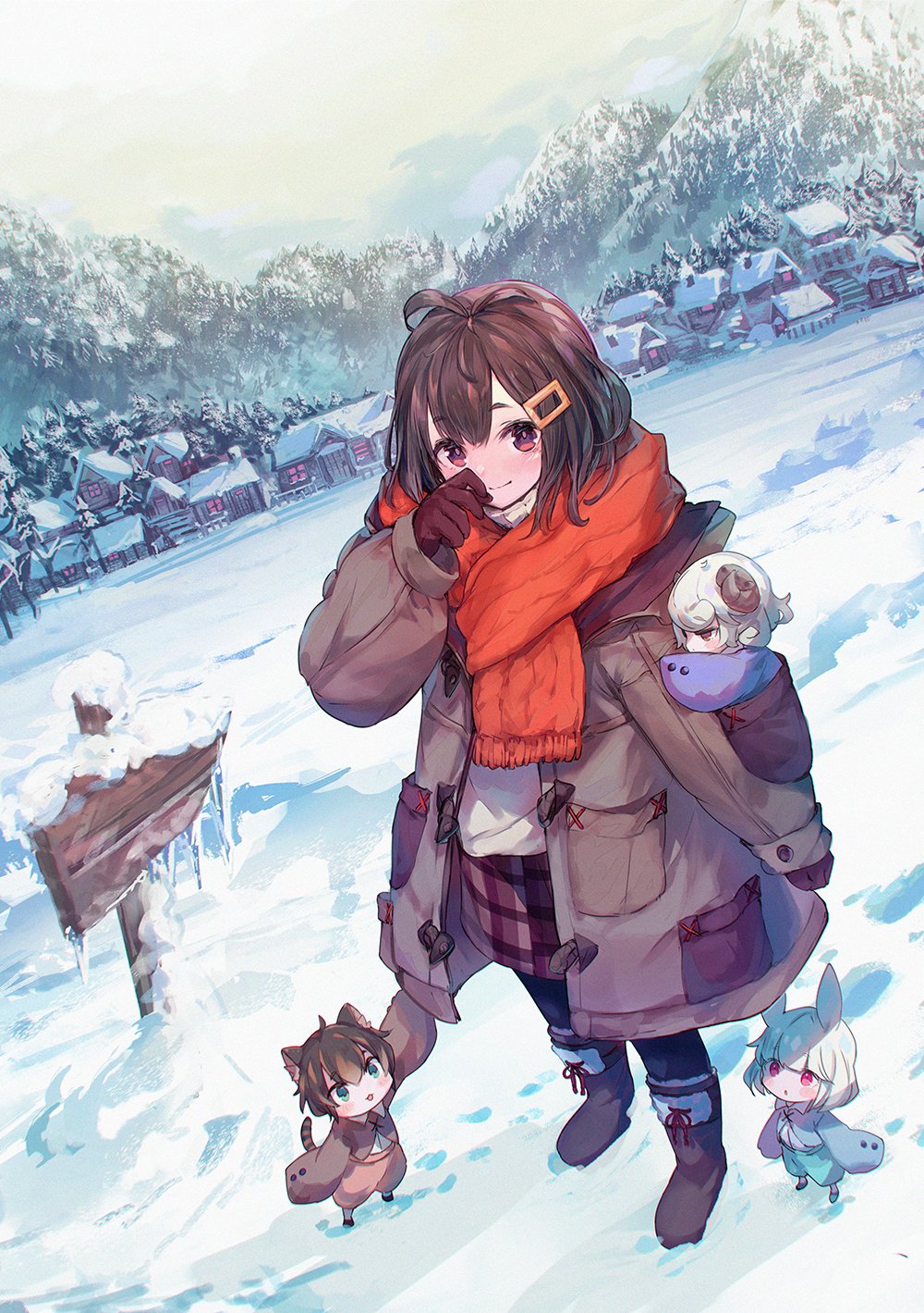 ahoge animal_ears bangs black_legwear blue_jacket blue_shorts blush boots brown_coat brown_footwear brown_gloves brown_hair brown_jacket brown_shorts brown_skirt cat_boy cat_ears cat_tail closed_mouth coat cover_image curled_horns dengeki_bunko eyebrows_visible_through_hair fringe_trim gloves hair_ornament hairclip highres horns house icicle jacket long_sleeves looking_at_viewer makihitsuji miniboy minigirl novel_illustration official_art open_clothes open_coat outdoors pantyhose plaid plaid_skirt pleated_skirt puffy_long_sleeves puffy_sleeves purple_jacket rabbit_ears red_eyes red_scarf scarf sekai_wa_kyou_mo_toumincyu! sheep_horns shirt shorts sign skirt sleeves_past_fingers sleeves_past_wrists smile snow standing tail textless_version white_shirt