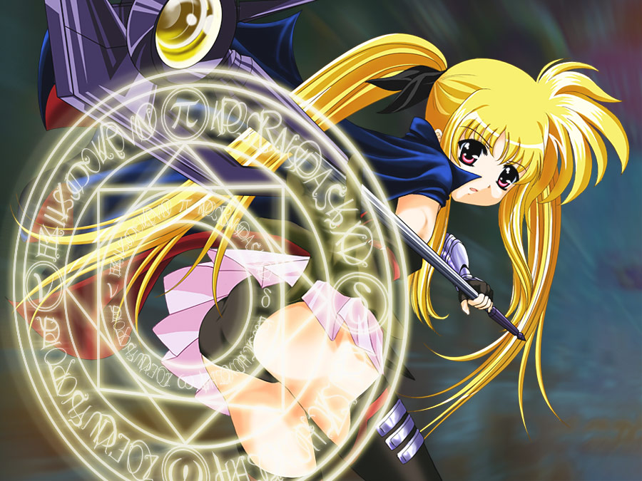 1girl ass bardiche black_legwear black_leotard blonde_hair cape commentary fate_testarossa from_behind gloves leotard long_hair looking_at_viewer looking_back lyrical_nanoha magic_circle magical_girl mahou_shoujo_lyrical_nanoha move-evo pink_skirt red_eyes shiny shiny_hair shiny_skin skirt solo thighhighs twintails