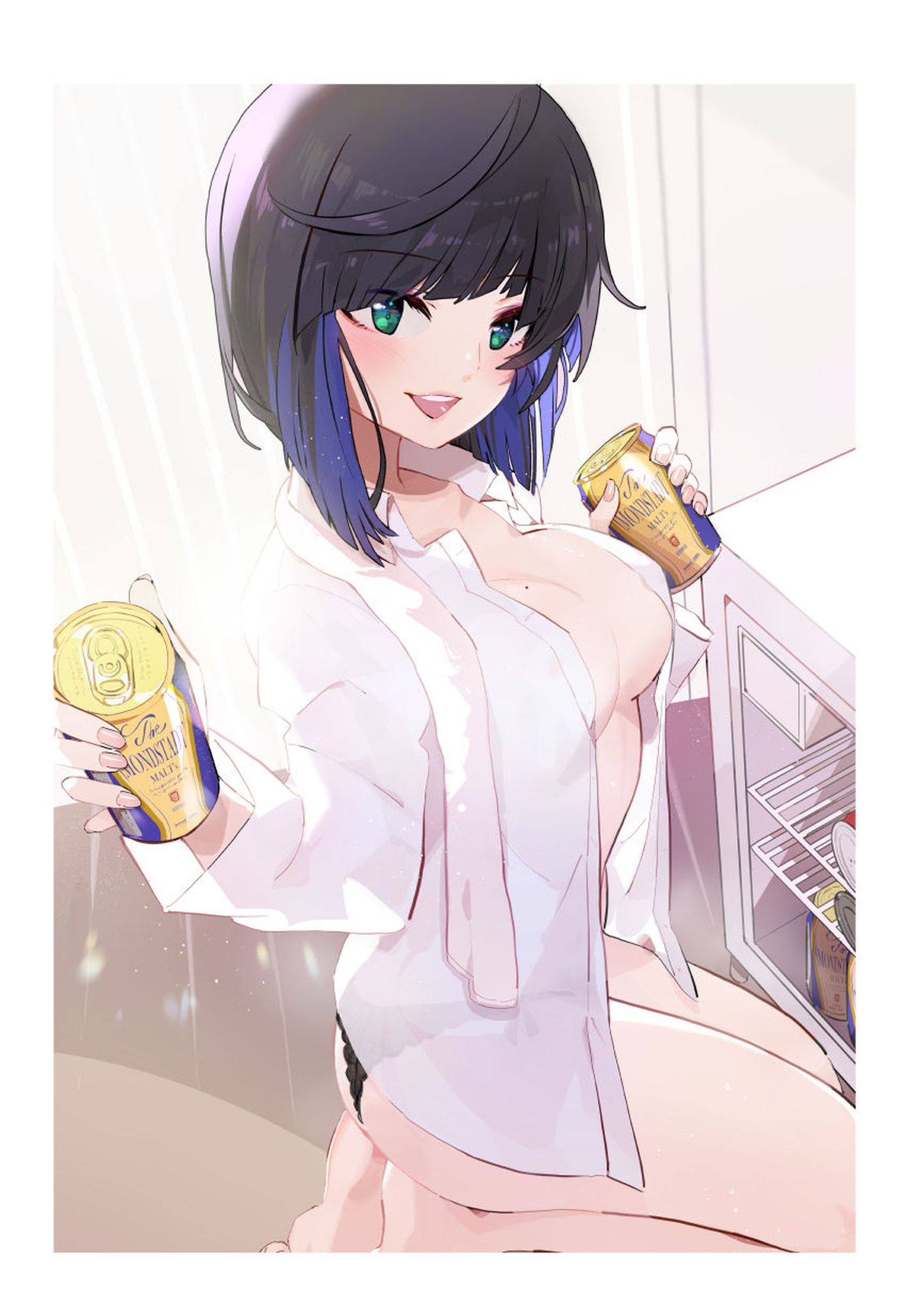 1girl :d ass bangs bare_legs barefoot beer_can black_hair black_panties blue_hair breasts can cleavage collared_shirt commentary_request dress_shirt eyebrows_visible_through_hair genshin_impact green_eyes highres holding holding_can kneeling looking_at_viewer looking_to_the_side medium_breasts multicolored_hair no_bra open_clothes open_shirt panties refrigerator see-through shadowsinking shirt smile solo streaked_hair teeth towel towel_around_neck underwear upper_teeth white_shirt yelan_(genshin_impact)