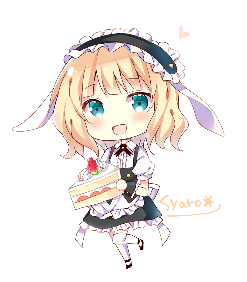 1girl :d animal_ears apron bangs bitter_crown black_hairband black_skirt blonde_hair blue_eyes blush cake cake_slice center_frills character_name chibi collared_shirt eyebrows_visible_through_hair fake_animal_ears fleur_de_lapin_uniform floppy_ears food frilled_apron frilled_skirt frills fruit full_body gochuumon_wa_usagi_desu_ka? hairband heart holding holding_food kirima_syaro looking_at_viewer rabbit_ears shirt simple_background skirt smile solo standing standing_on_one_leg strawberry thighhighs uniform waist_apron waitress white_apron white_background white_legwear white_shirt