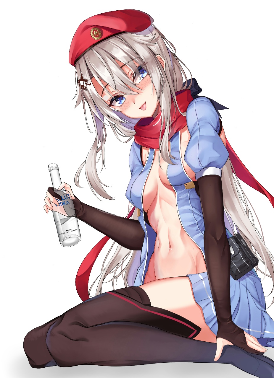 1girl 9a-91_(girls'_frontline) absolut_vodka alcohol bangs beret black_gloves black_legwear blue_dress blue_eyes blush bottle breasts closed_mouth dress elbow_gloves eyebrows_visible_through_hair fingerless_gloves girls'_frontline gloves grey_hair hair_between_eyes hair_ornament hand_on_leg hat hat_ornament highres holding holding_bottle long_hair looking_at_viewer medium_breasts navel no_bra no_shoes open_clothes open_dress red_headwear red_scarf scarf seiza sitting so_myeolchi solo soviet_flag star_(symbol) star_hair_ornament star_hat_ornament thighhighs tongue tongue_out vodka white_background
