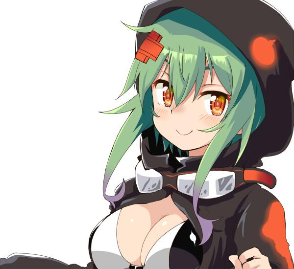1girl bangs bikini bikini_top_only black_bikini black_jacket blush breasts cleavage closed_mouth commentary_request digimon digimon_world_re:digitize eyebrows_behind_hair goggles goggles_around_neck green_hair hair_between_eyes hair_ornament hand_up hood hood_up jacket large_breasts long_sleeves looking_at_viewer n36hoko orange_eyes partially_unzipped print_jacket shinomiya_rina short_hair short_hair_with_long_locks sidelocks simple_background smile solo swimsuit two-tone_bikini upper_body white_background white_bikini x_hair_ornament