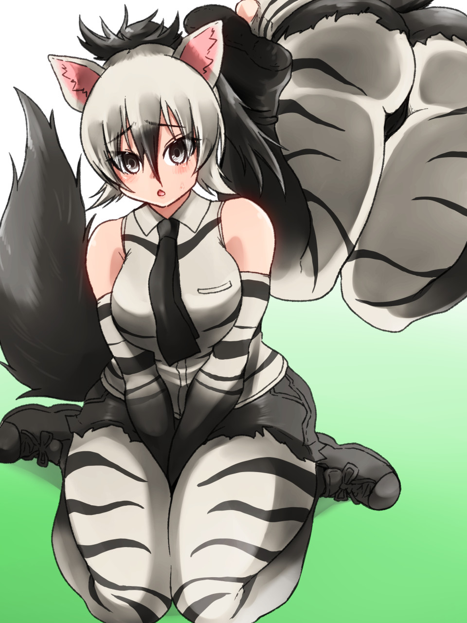 1girl aardwolf_(kemono_friends) aardwolf_ears aardwolf_girl aardwolf_print aardwolf_tail animal_ears animal_print ass ass_press bangs bare_shoulders between_legs black_hair black_necktie black_shorts blush breast_pocket breasts collared_shirt commentary_request cutoffs elbow_gloves eyebrows_visible_through_hair from_below furrowed_brow gloves grey_eyes grey_hair hand_between_legs highleg highres isna_(footprintsofisna) kemono_friends large_breasts legwear_under_shorts long_bangs long_hair looking_at_viewer multicolored_hair multiple_views necktie pantyhose parted_lips pocket print_gloves print_legwear print_shirt shirt shoes short_shorts shorts sitting sleeveless sleeveless_shirt sweat tail thighs two-tone_hair v_arms wariza wing_collar