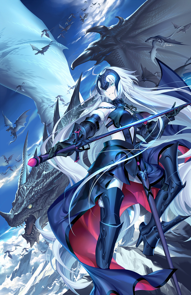 1girl armor armored_boots armored_dress bangs bare_shoulders black_gloves boots breasts dragon elbow_gloves fate/grand_order fate_(series) gloves headpiece high_heels highres jeanne_d'arc_alter_(avenger)_(fate) jeanne_d'arc_alter_(avenger)_(third_ascension)_(fate) jeanne_d'arc_alter_(fate) kousaki_rui large_breasts long_hair outdoors parted_lips sky smile sword thighhighs weapon white_hair