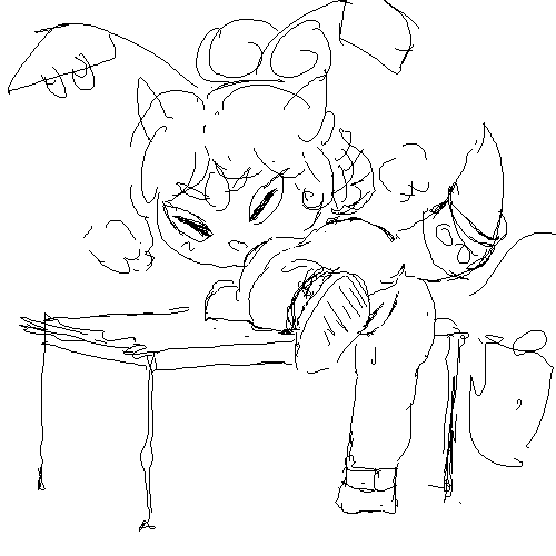 aisha_(neopets) bronzecatworld ear_piercing female feral furniture genitals hair jumpstart_games lady_osiri looking_back low_res monochrome neopet_(species) neopets piercing pussy sketch solo table video_games