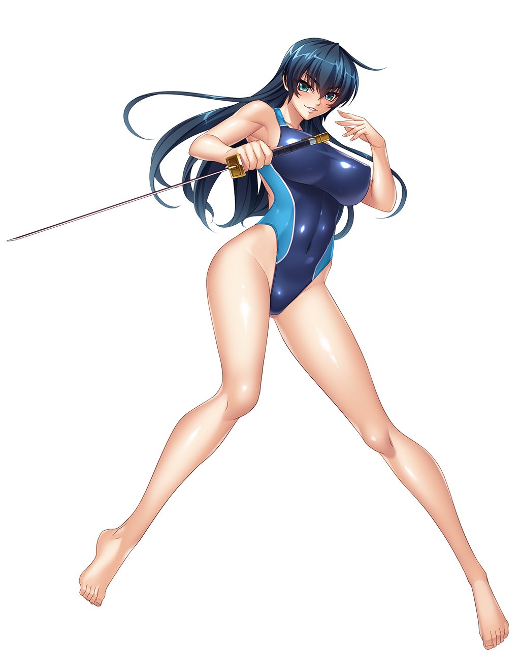 1girl bangs bare_legs bare_shoulders barefoot blue_hair breasts closed_mouth commentary_request competition_swimsuit covered_navel covered_nipples fingernails full_body green_eyes highres holding holding_sword holding_weapon igawa_asagi kagami_hirotaka large_breasts long_hair looking_at_viewer official_art one-piece_swimsuit parted_lips reverse_grip revision shiny shiny_clothes shiny_skin simple_background solo swimsuit sword taimanin_(series) taimanin_asagi thighs weapon white_background