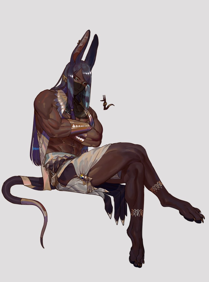 1boy animal_ears animal_feet anubis black_sclera blue_hair bracer claws colored_sclera crossed_arms crossed_legs dark-skinned_male dark_skin ear_piercing full_body grey_background jackal_boy jackal_ears jackal_tail long_hair looking_at_viewer male_focus meziro001 monster_boy mouth_veil muscular muscular_male original piercing shendyt sidelocks sitting solo tail topless_male usekh_collar veil white_eyes