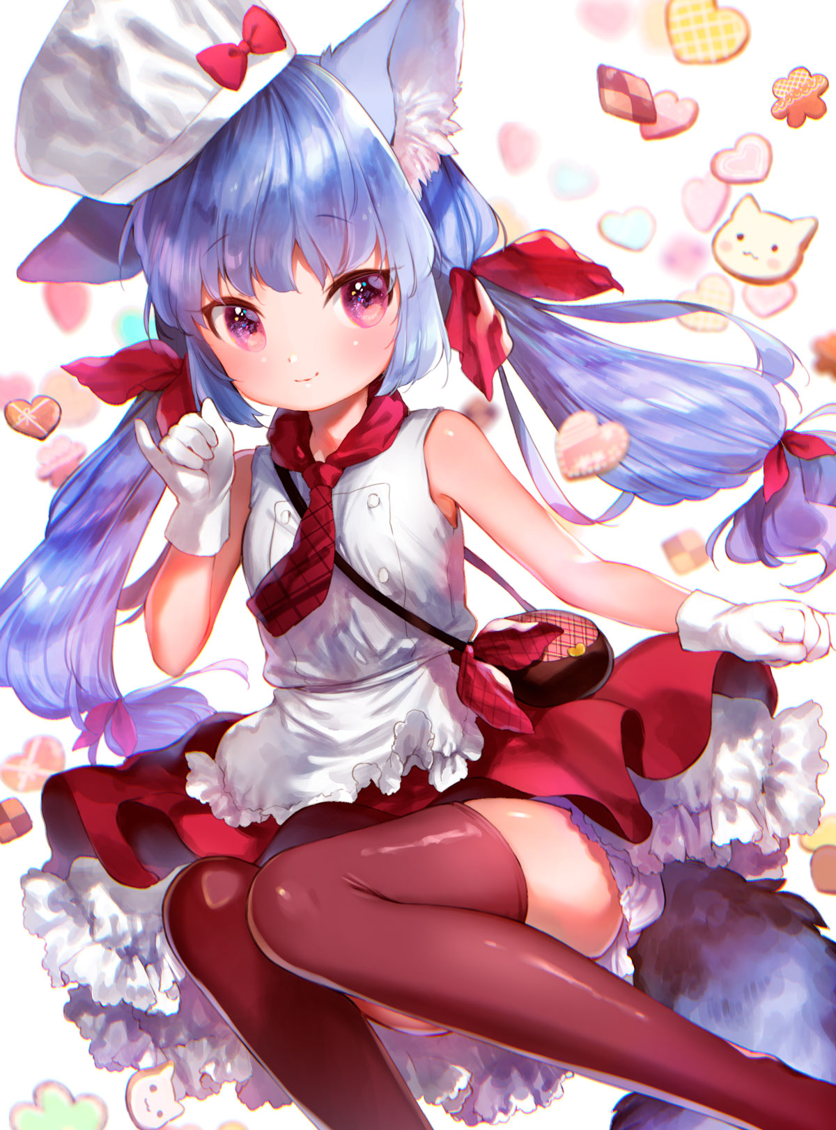 1girl animal_ear_fluff animal_ears apron bare_shoulders black_legwear blue_hair blush chef chef_hat commentary_request cookie dress feet_out_of_frame food frilled_dress frills gloves hair_ribbon hat heart highres long_hair mutou_mato necktie original pink_eyes pinky_out red_dress red_ribbon ribbon sleeveless smile solo tail thighhighs twintails