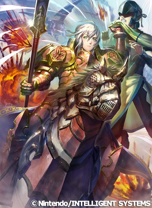 1boy 1girl armor closed_mouth dragon effie_(fire_emblem) explosion fire fire_emblem fire_emblem_cipher fire_emblem_fates green_eyes hair_bun haitaka_(fire_emblem) holding holding_polearm holding_weapon horseback_riding looking_at_viewer momose_hisashi official_art polearm riding weapon white_hair wyvern