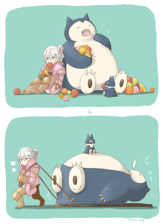 1girl armor breastplate crossover eating effie_(fire_emblem) fire_emblem fire_emblem_fates food fruit green_eyes hair_bun munchlax pokemon pokemon_(game) robaco sleeping snorlax