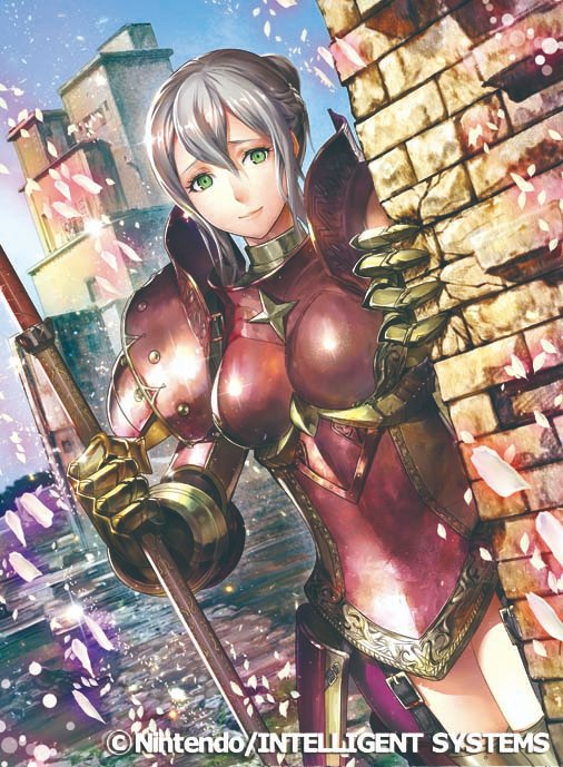 1girl armor breastplate brick_wall effie_(fire_emblem) fire_emblem fire_emblem_cipher fire_emblem_fates green_eyes hair_bun holding holding_polearm holding_weapon looking_at_viewer momose_hisashi official_art polearm weapon