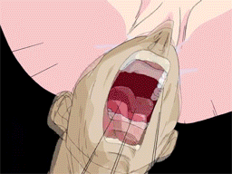1girl animated animated_gif brown_hair clothed_male_nude_female crushing cum falling head hetero kunoichi_gakuen_ninpouchou lowres nude ponytail pussy skull unbirthing what