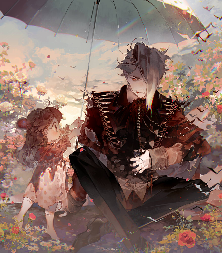 1boy 1girl asymmetrical_bangs asymmetrical_hair bangs barefoot bat black_pants blood blood_in_mouth brown_hair buttons child cloud collared_jacket commentary_request deep_wound flower hair_bun hair_over_one_eye holding holding_umbrella injury jacket kawacy light_smile long_hair long_sleeves looking_at_another original outdoors pale_skin pants parasol pointy_ears rainbow red_eyes red_jacket shirt shoes sky torn_clothes umbrella vampire white_hair white_shirt