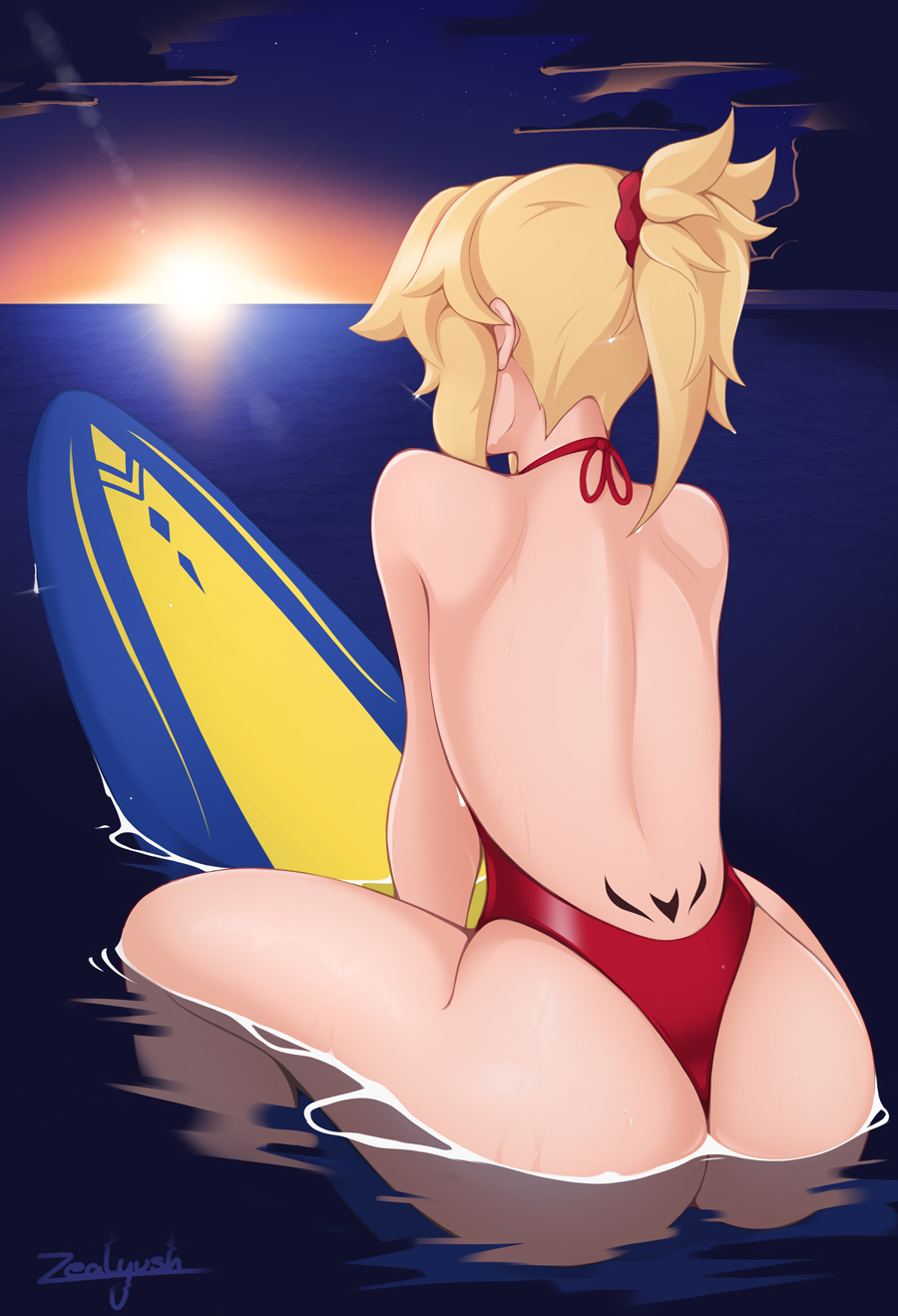 1girl ass blonde_hair casual_one-piece_swimsuit facing_away fate/apocrypha fate/grand_order fate_(series) from_behind highres long_hair mordred_(fate) mordred_(swimsuit_rider)_(fate) ocean one-piece_swimsuit partially_submerged ponytail red_swimsuit scrunchie shiny shiny_hair shiny_skin solo sun sunset surfboard surfing swimsuit wet zealyush