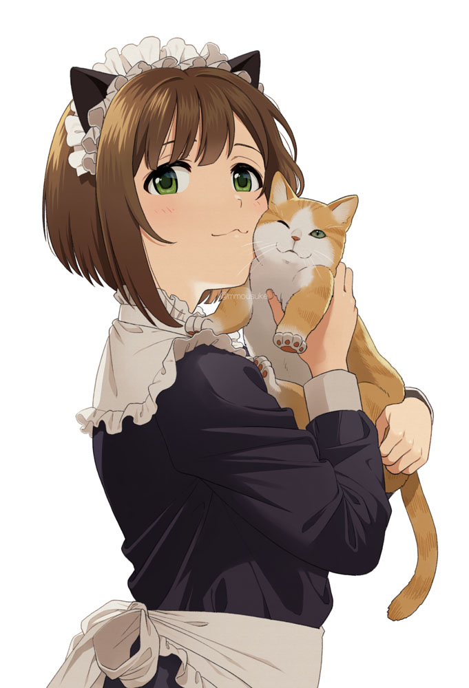 1girl :3 animal animal_ears artist_name bob_cut brown_hair cat cat_ears green_eyes holding holding_animal idolmaster idolmaster_cinderella_girls idolmaster_cinderella_girls_starlight_stage inverted_bob looking_at_viewer maekawa_miku maid maid_headdress mattaku_mousuke short_hair solo upper_body watermark white_background