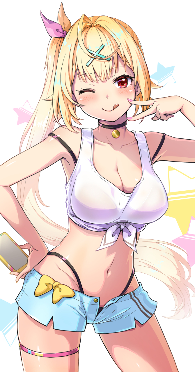 1girl ;q arm_up armpits bare_arms bare_shoulders black_choker blonde_hair blue_shorts bra_strap breasts choker cleavage closed_mouth cowboy_shot crop_top front-tie_top hair_ornament hair_ribbon hairclip hand_on_hip highleg highres hoshikawa_sara large_breasts long_hair looking_at_viewer midriff navel nijisanji one_eye_closed open_fly red_eyes ribbon shirt short_shorts shorts side_ponytail simple_background sleeveless sleeveless_shirt smile solo standing stomach strap_slip tank_top thigh_strap thighs tongue tongue_out very_long_hair virtual_youtuber white_background white_shirt x_hair_ornament zaxwu