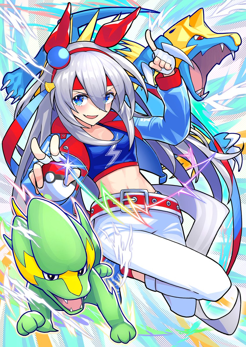 1girl animal_ears bangs belt blue_eyes claws crop_top crossover ear_covers electrike fang fangs fingerless_gloves gloves grey_hair hair_between_eyes hairband headband highres holding holding_poke_ball horse_ears horse_girl index_finger_raised jacket long_hair looking_at_viewer manectric nabe_saori open_clothes open_jacket open_mouth pants poke_ball pokemon pokemon_(creature) red_legwear skin_fang sparkle tamamo_cross_(umamusume) umamusume very_long_hair white_gloves white_pants