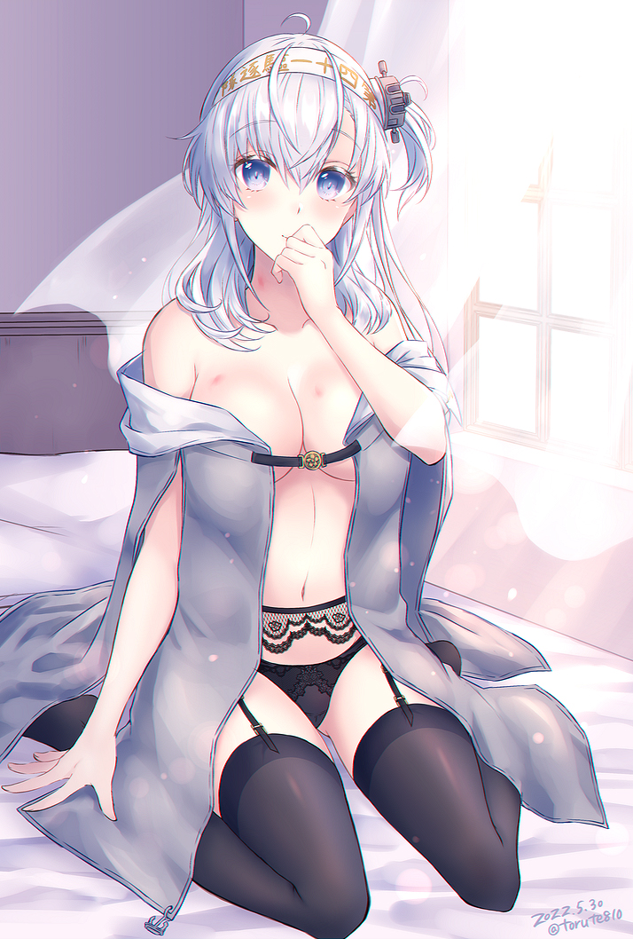 1girl bangs bed black_legwear black_panties blue_eyes blush breasts cleavage commentary_request curtains dated eyebrows_visible_through_hair garter_belt garter_straps hachimaki headband hickey indoors kabocha_torute kantai_collection long_hair looking_at_viewer medium_breasts on_bed one_side_up panties pillow sitting solo suzutsuki_(kancolle) thighhighs twitter_username underwear white_hair window