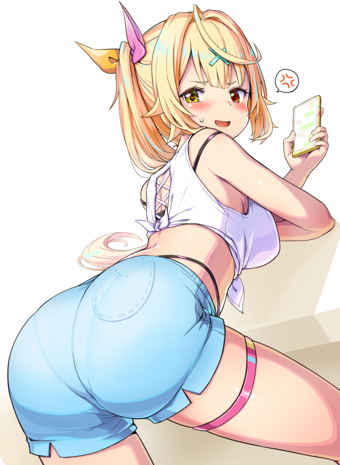 1girl :d anger_vein ass bare_arms bare_shoulders blonde_hair blue_shorts bra_strap breasts crop_top from_behind front-tie_top hair_ribbon heterochromia highleg holding holding_phone hoshikawa_sara large_breasts long_hair looking_at_viewer looking_back midriff nijisanji open_mouth phone red_eyes ribbon shirt short_shorts shorts side_ponytail simple_background sleeveless sleeveless_shirt smile solo spoken_anger_vein sweatdrop tank_top thigh_strap thighs very_long_hair virtual_youtuber white_background white_shirt yellow_eyes zaxwu