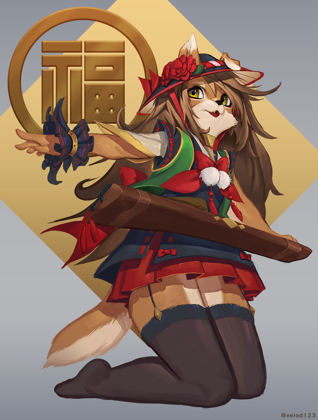 1girl :3 animal_ears animal_nose arm_up artist_name back_bow bangs black_legwear blue_headwear blue_shirt body_fur bow brown_fur brown_hair chinese_zodiac collar commentary_request dog_ears dog_girl dog_tail ears_through_headwear fang flat_chest flower full_body furry furry_female garter_straps green_vest hat hat_flower hat_ribbon highres kneeling layered_sleeves long_hair miniskirt open_clothes open_mouth open_vest original outstretched_arm paw_print pleated_skirt pom_pom_(clothes) red_bow red_ribbon red_skirt ribbon ribbon-trimmed_sleeves ribbon_trim shirt sidelocks skirt snout solo tail tassel thighhighs translation_request twitter_username two-tone_fur undershirt uyu_(soda_uyu) vest watermark white_fur year_of_the_dog yellow_eyes